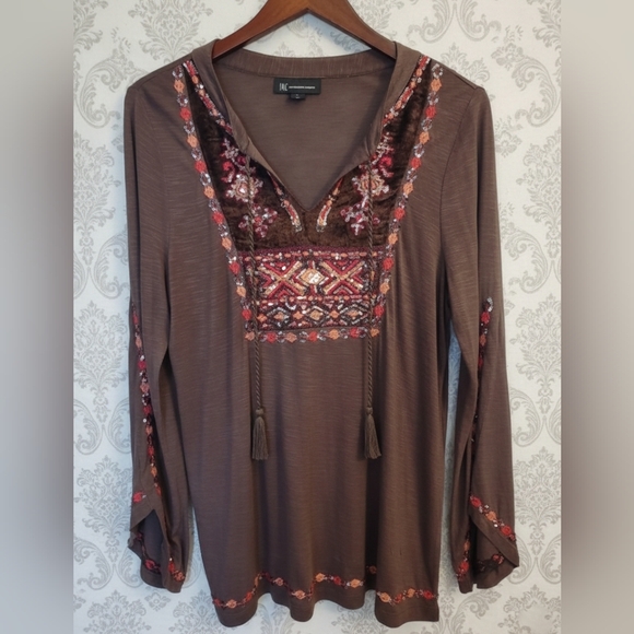 INC International Concepts Tops - INC International Concepts Brown With Embroidered Sequin Boho Tunic Top